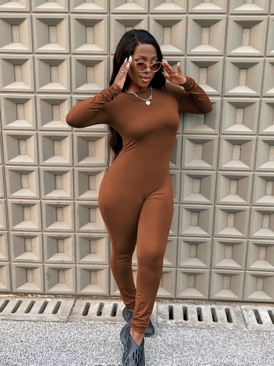 Women's Jumpsuits Rompers LW Jumpsuit Women Round Neck Skinny Basic Solid Sheath Body-shaping Casual Stretchy Simple Bodysuits Long Sleeve Romper