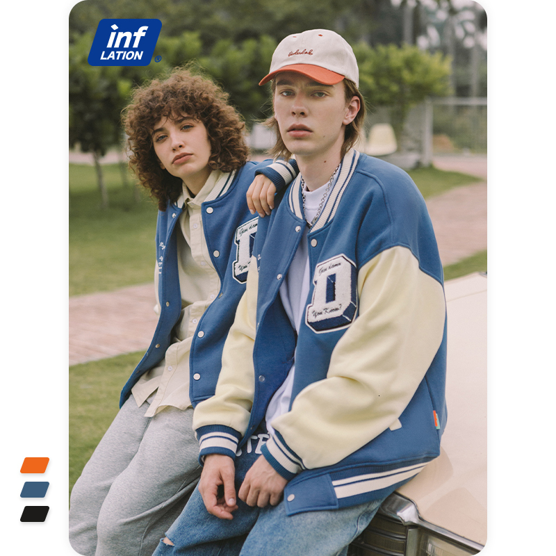Men's Jackets INFLATION Baseball Jacket Men UK Streetwear Color Block Vintage Baseball Coat Unisex Thick Fleece Bomber Jacket Men 230323