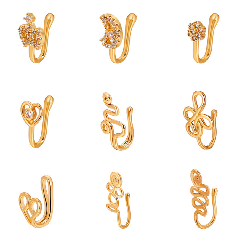 18K Gold Plated Copper Fake Nose Cuff Nose Rings For Women Crystal Non Piercing Gold Plated Clip On Nose Clip Hiphop Faux Body Jewelry Wholesale Price