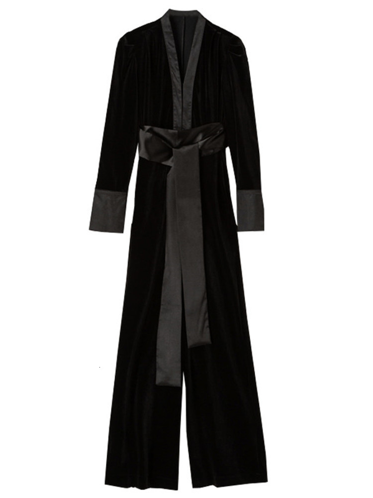Women's Jumpsuits Rompers Runway Autumn Women Sexy Deep V Neck Long Jumpsuit Overalls Ladies Wide Leg Black Velvet Jumpsuit Romper With Belt 2303