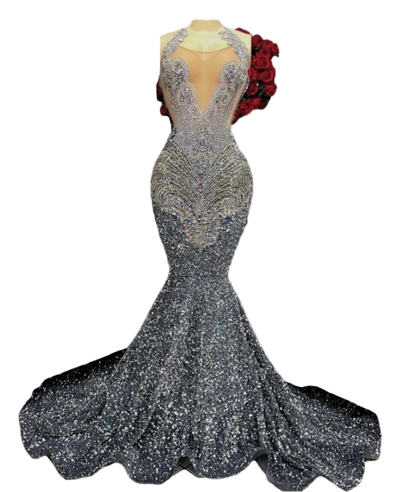 Silver mermaid Long Prom Dresses For Black Girls Beaded Crystal Diamond Birthday Sparkly Sequined catwalk couture Evening Gowns