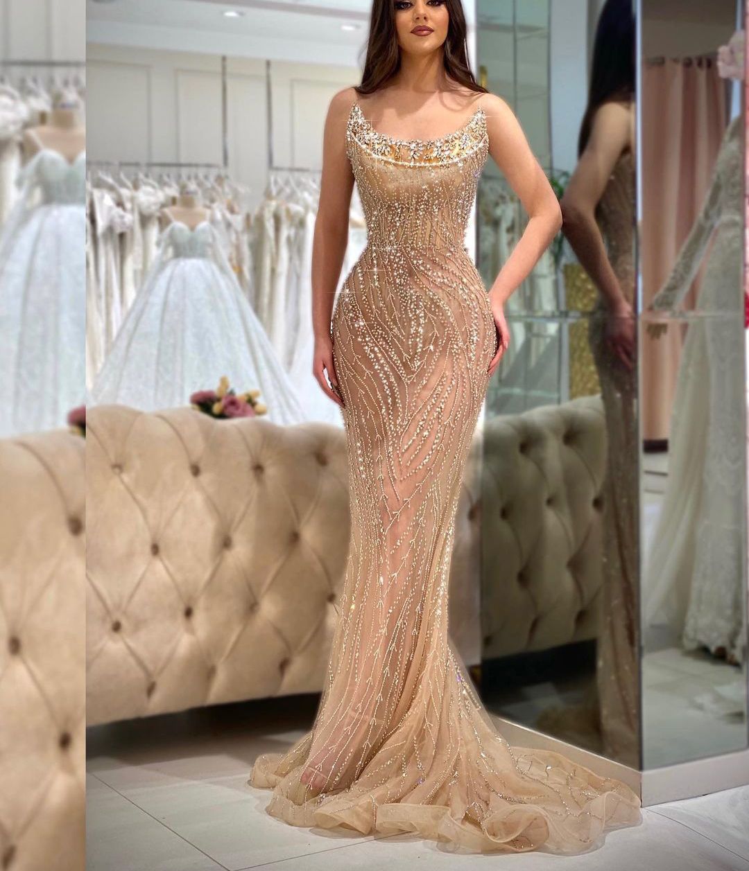 Prom Mermaid Dresses Sleeveless V Neck Appliques Dias Sparkly Sequins Or Length Beaded Lace Hollow Evening Dress Bridal Gowns Plus Size Custom Made Lz