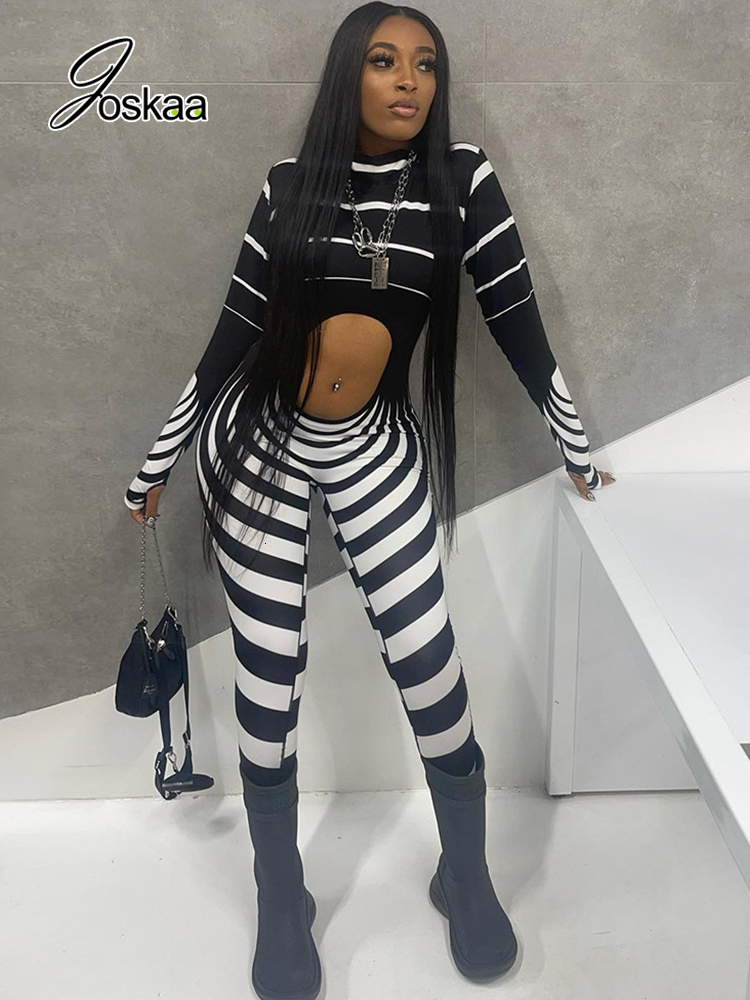 Women's Jumpsuits Rompers Joskaa Black White Stripe Hollow-out Long Sleeve Trend Jumpsuit Women Fashion Fitness Sports Bodycon Romper Sexy Street
