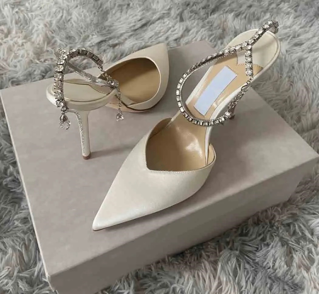 Summer shoes woman sandal luxury designer Saeda 100mm high heels White stain Sandals wedding party shoe pumps pointy toe crystal strap sexy heels