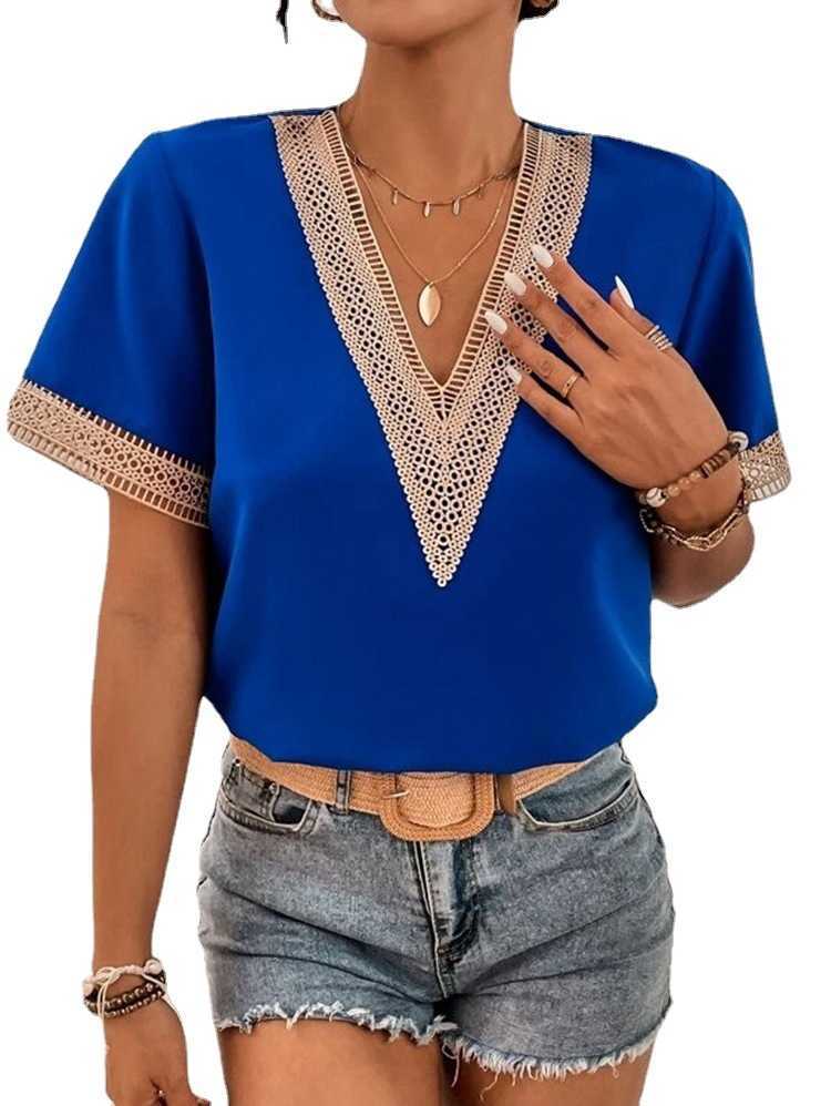 2023 New Women's V-neck Lace Casual Solid Shirt chiffon plus sized Blouse silk womens summer tops blouses