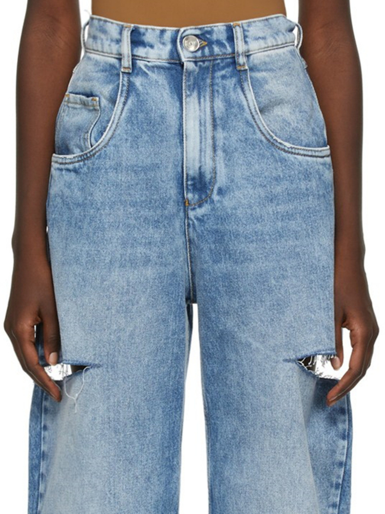 Women's Jean Jeans Pants Spring And Summer Washed Blue Ripped Wide Leg High Waist Hollow Female Casual