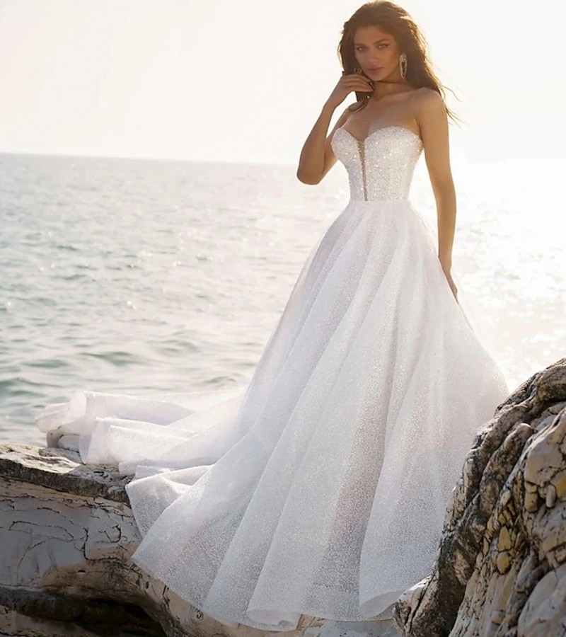 Beach Shine Wedding Dress 2023 A-Line Sleeveless Beading Sweetheart Sequined Bridal Gowns Women Summer Vestidos De Noiva Robe de Mariage