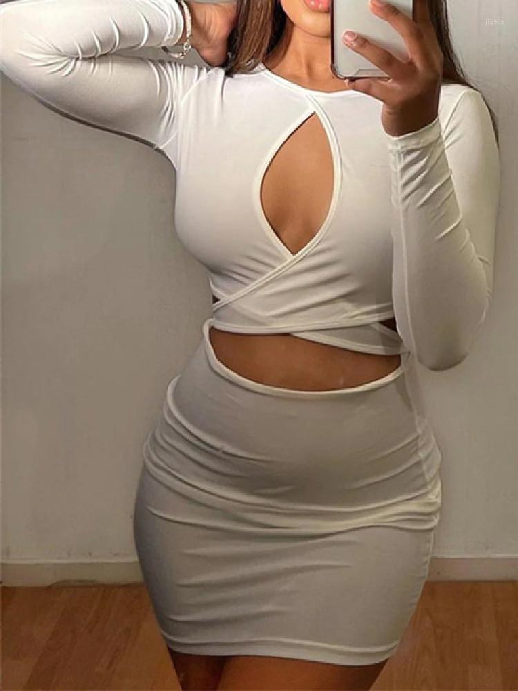 Casual Dresses Sexy Bodycon Mini Dress Women Party Wild Solid Color O-Neck Long Sleeve Waist Hollow Out Back Tie-up Skinny Wrapped Ladies