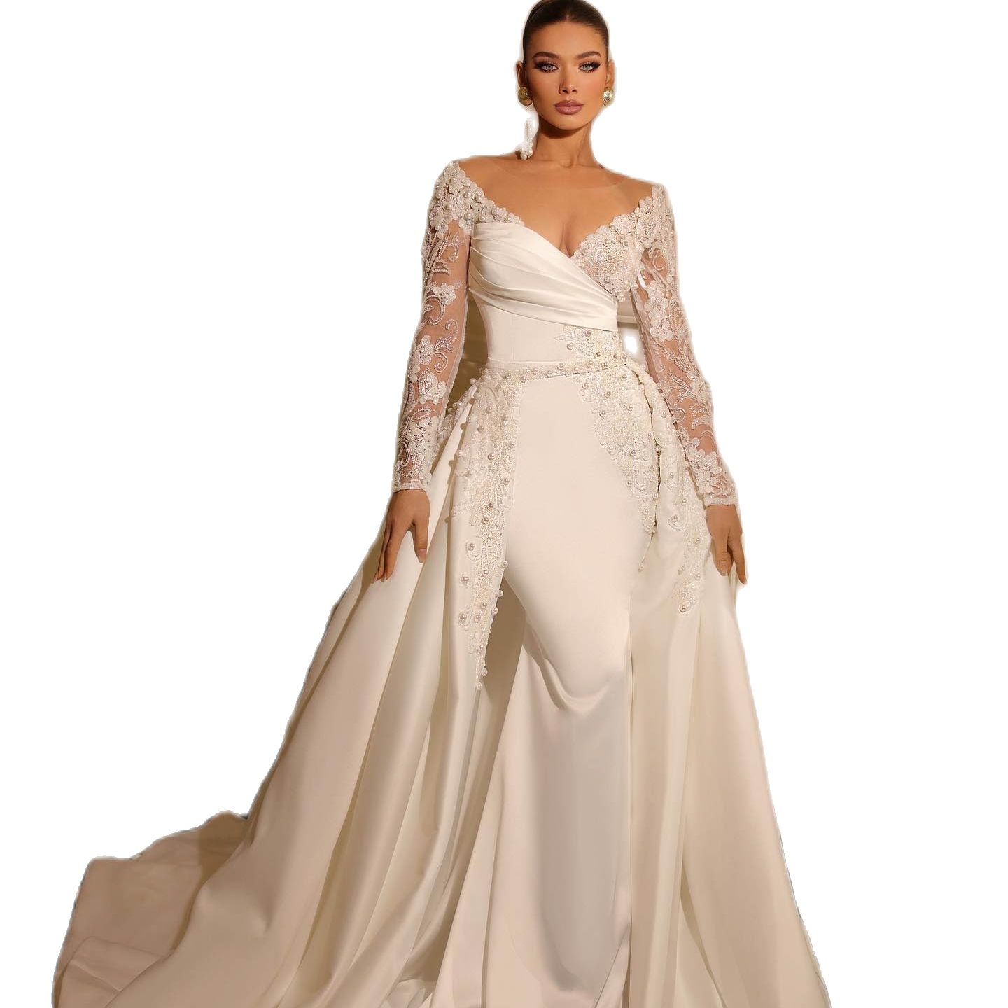 Royal Mermaid Wedding Dresses V Neck Long Sleeve 3D Flowers Lace Princess Glitter Vestido De Novia