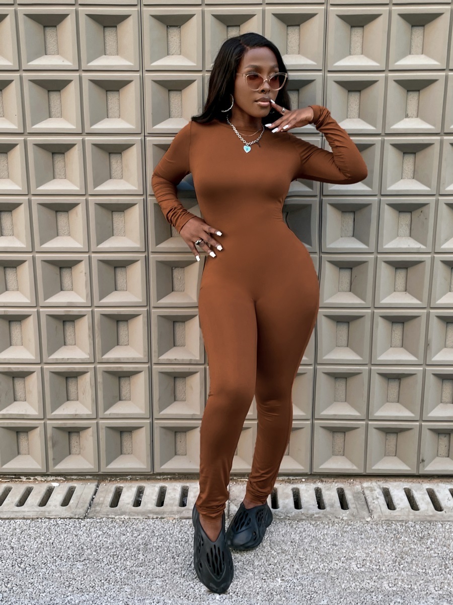 Women's Jumpsuits Rompers LW Jumpsuit Women Round Neck Skinny Basic Solid Sheath Body-shaping Casual Stretchy Simple Bodysuits Long Sleeve Romper