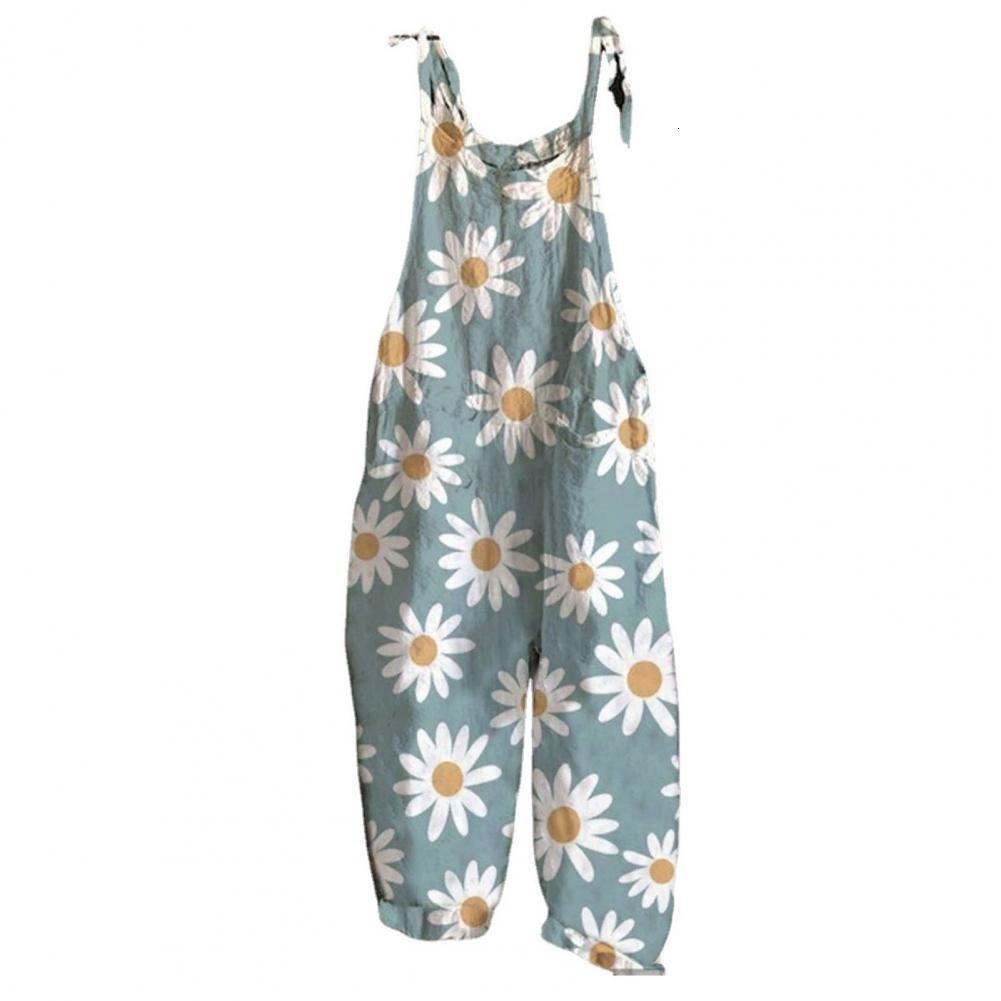 Women's Jumpsuits Rompers Women Strap Loose Jumpsuit Summer Casual Wide Leg Pants Flower Print Dungaree Overalls Sleeveless Oversized Cotton Jump