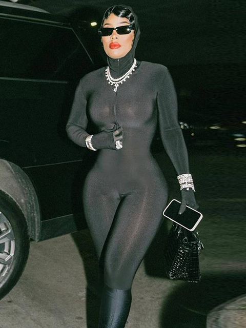 Women's Jumpsuits Rompers Dulzura Sexy Y2K Clothes Long Sleeve Bodycon Skinny Zipper Gloves Hoodies Jumpsuit Women Sporty Streetwear Romper Fall 
