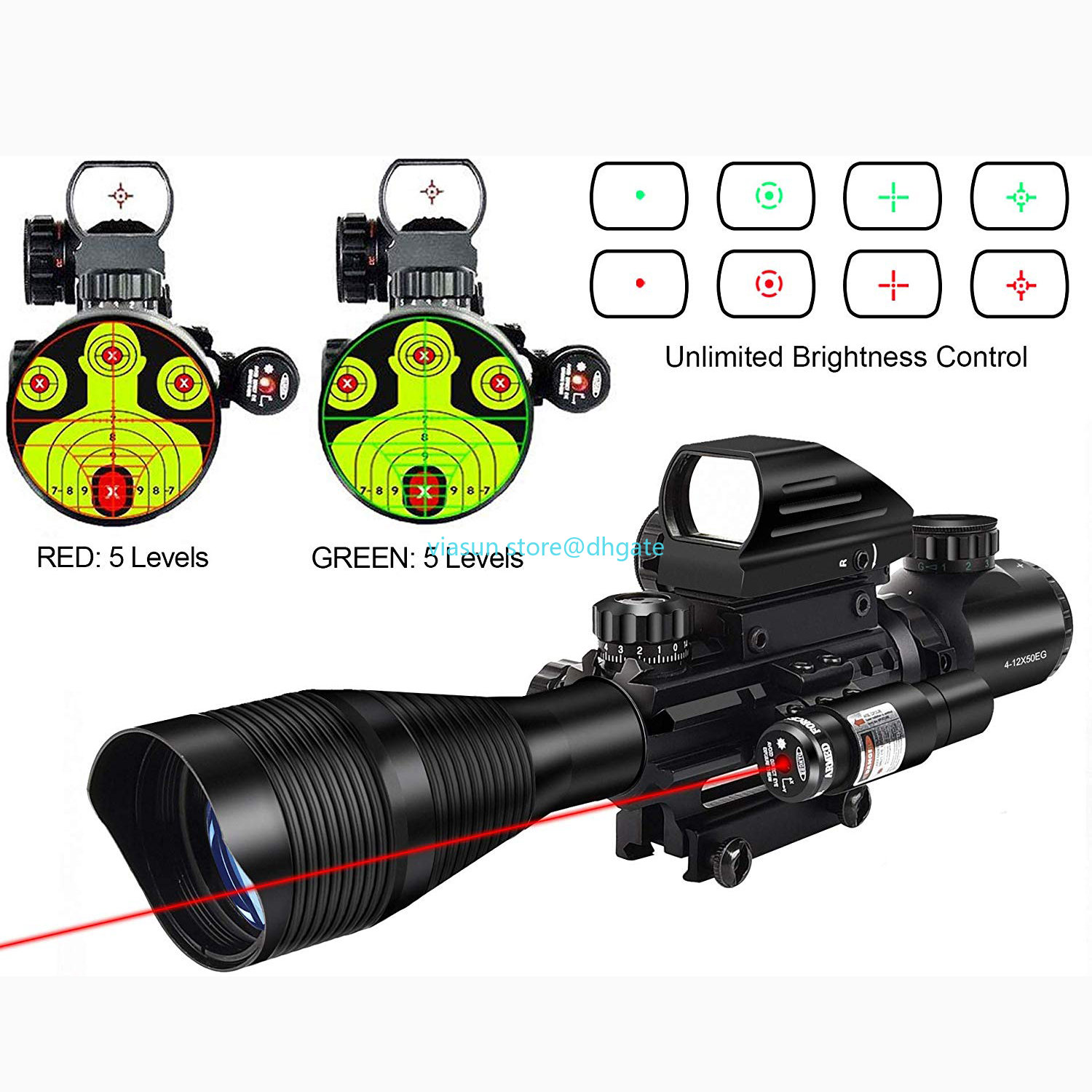 Tactical 4-12x50EG Dual Illuminated Optics & Laser Sight & 4 Holographic Reticle Red/Green Dot Sight & 20mm Rilfe Scope
Tactical 4-12x50EG Dual Illuminated Optics & Laser Sight & 4 Holographic Reticle Red/Green Dot Sight & 20mm Rilfe Scope