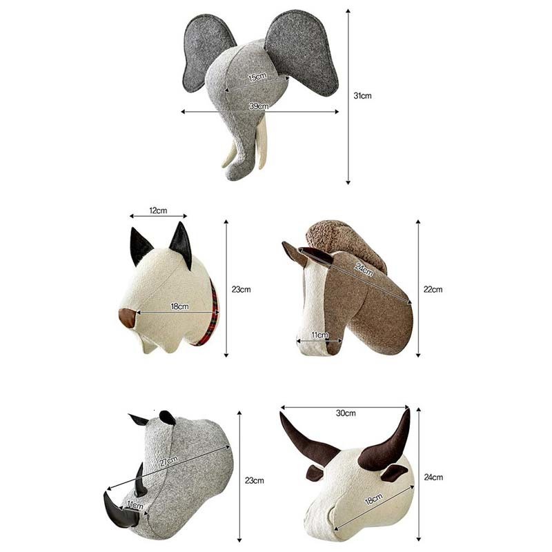 Wall Decor Cute Elephant Plush Stuffed Dolls Wall Mount Animal Head for Kids Room Decor Toy Dog Horse Rhino Buffalo Kids Room Birthday Gift 230323