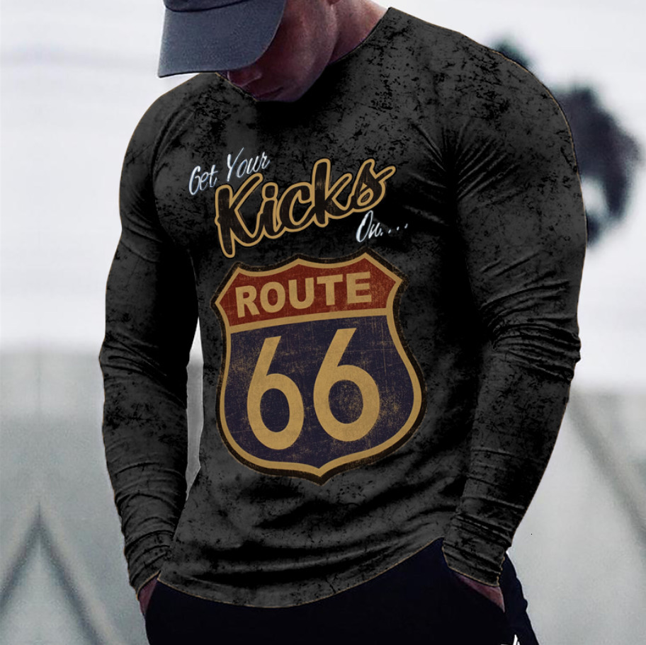 Men's T-Shirts Men's T-shirts Long Sleeve 3d Print Top Casual Cotton Vintage T Shirt Vintage Route 66 Tee Loose Sports O-neck Clothing 5xl 2