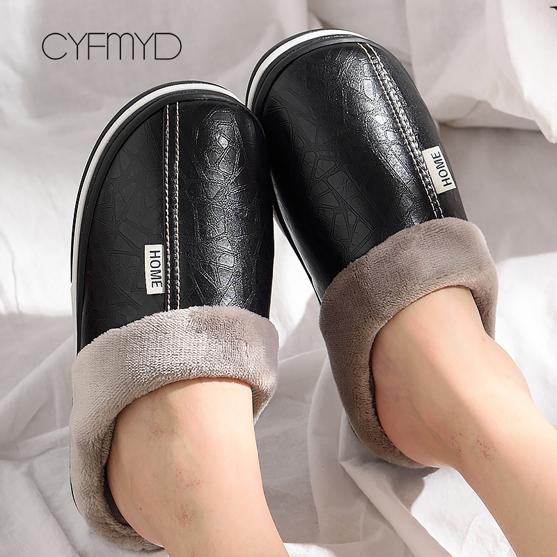 Slippers Men's Slippers Home Winter Indoor Warm Shoes Thick Bottom Plush Waterproof Leather House Slippers Man Cotton Shoes 230323