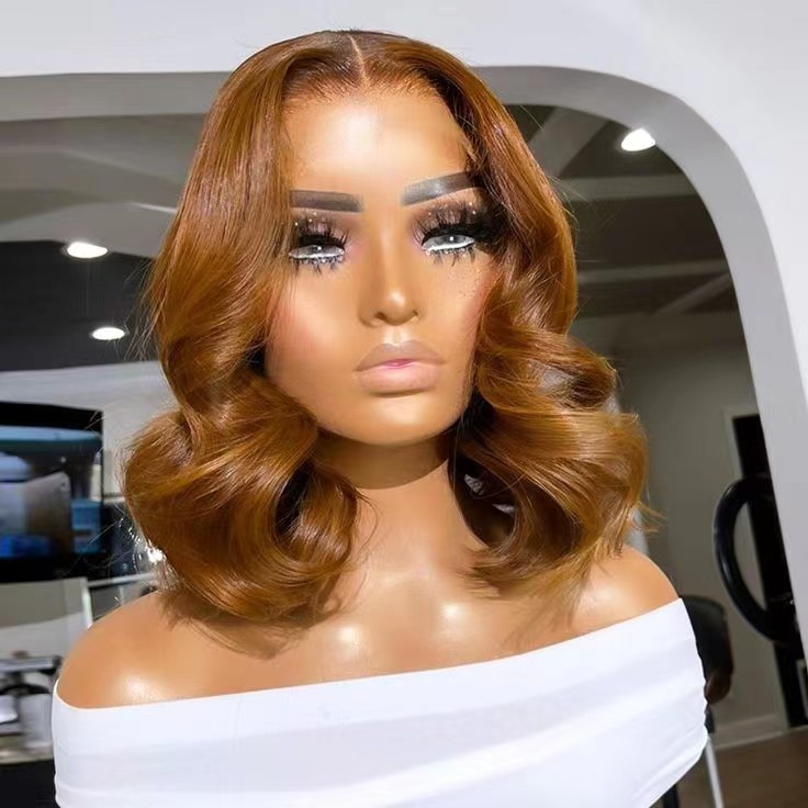 Short 13x4 wavy bob wigs human hair golden brown wigs 150%density shoulder length light brown hair New hot