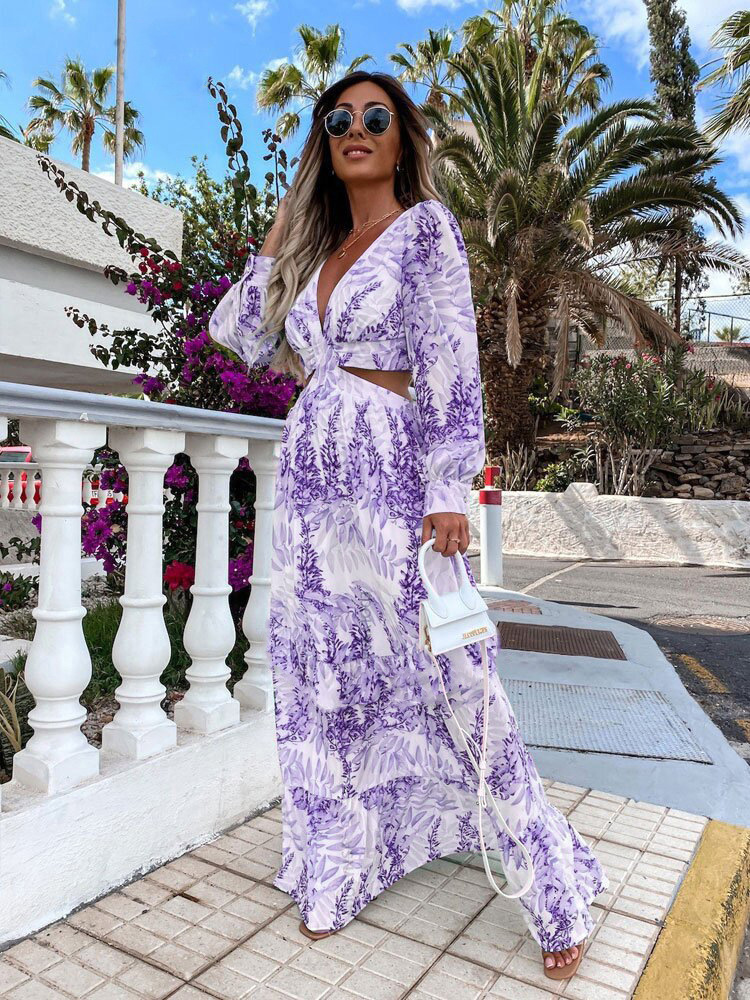Women Tunic Beach Cover Up Dress 2023 Summer V-Neck Backless Hollow Out Lantern Sleeve Long Dresses Female Club Party Maxi Dress