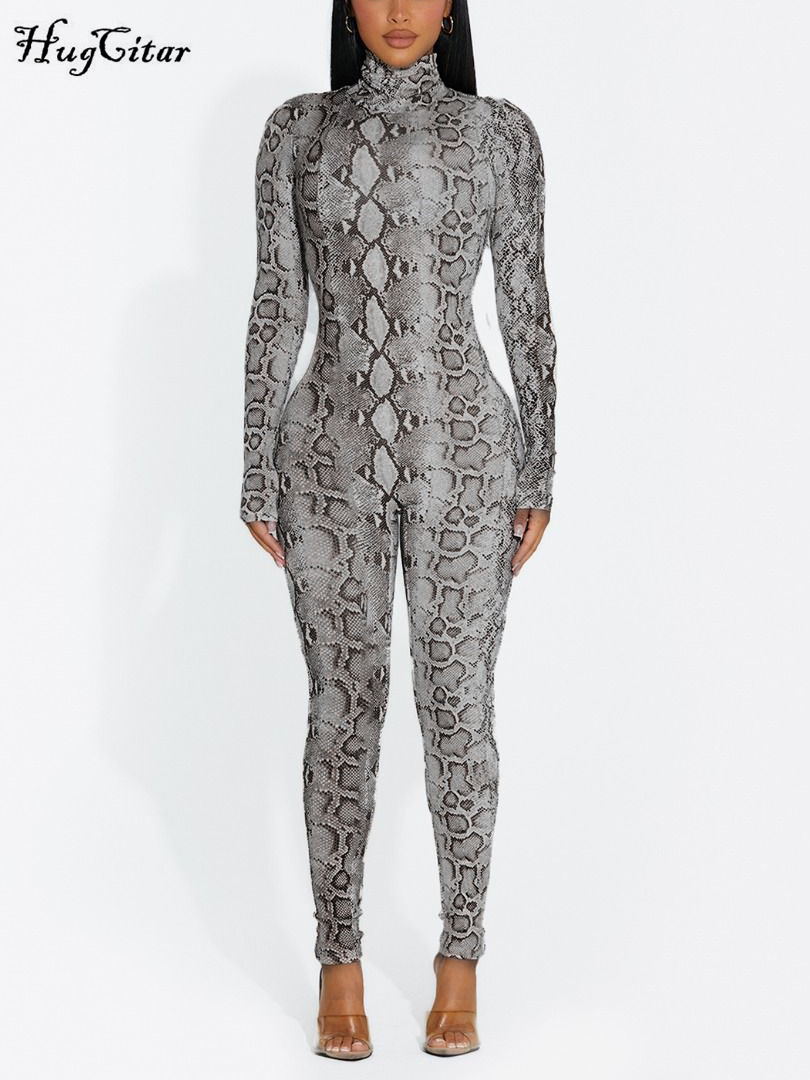 Women's Jumpsuits Rompers Hugcitar Snake Print Turtleneck Long Sleeve Zip Up Sexy Bodycon Jumpsuit Winter Women Streetwear Sport Casual Y2K Rompe