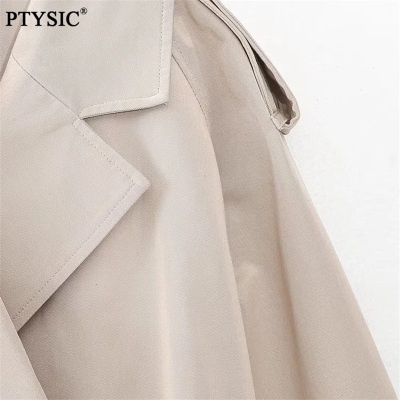 Women's Jackets PTYSIC Women Vintage Oversize Cropped Trench Coat Long Sleeves With Tabs Belt Double Breasted Button Jacket 230323