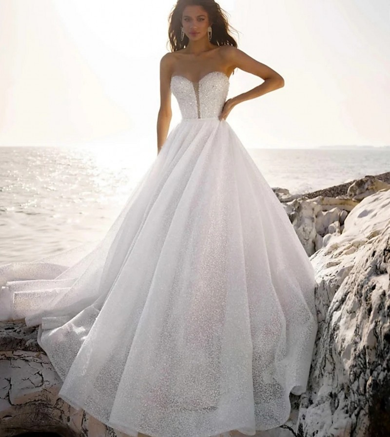 Beach Shine Wedding Dress 2023 A-Line Sleeveless Beading Sweetheart Sequined Bridal Gowns Women Summer Vestidos De Noiva Robe de Mariage