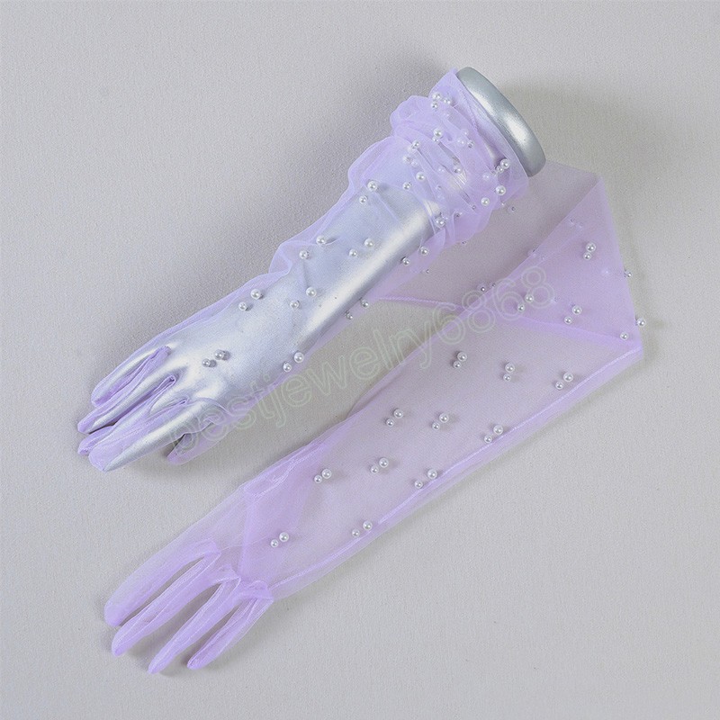 Long Lace Pearl Chiffon Gloves Tulle Summer Mesh Anti-uv Party Wedding Full Finger Marriage Bride Women Vintage Party Gloves