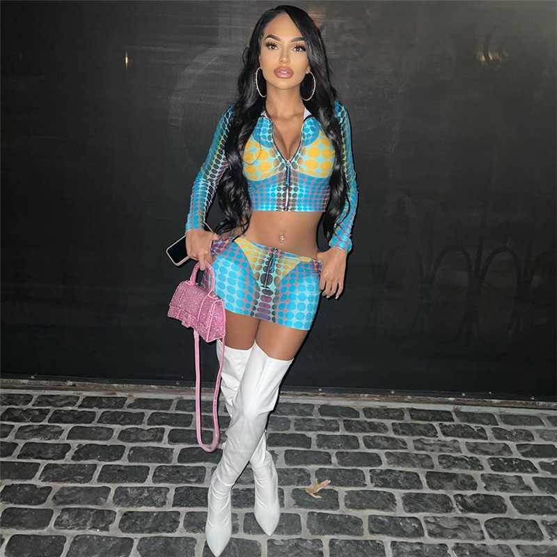 Two Piece Dress 3D Underwear Print Polka Dots Two Piece Set Dress Women Zipper Turtleneck Long Sleeve Crop Top Mini Skirts Spring Suits 230323