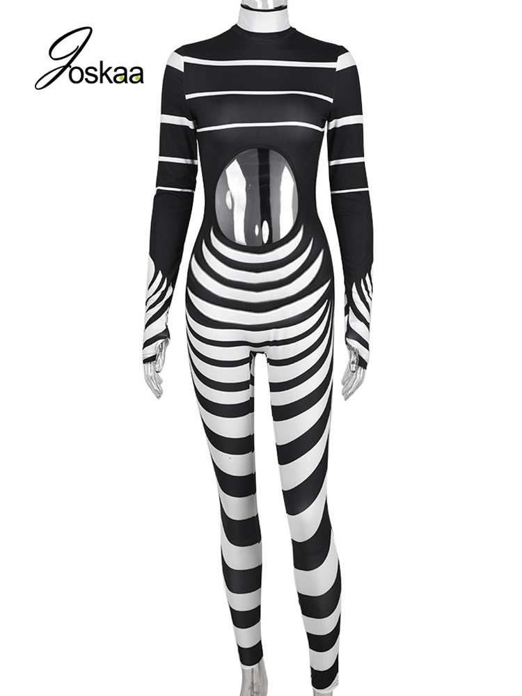 Women's Jumpsuits Rompers Joskaa Black White Stripe Hollow-out Long Sleeve Trend Jumpsuit Women Fashion Fitness Sports Bodycon Romper Sexy Street