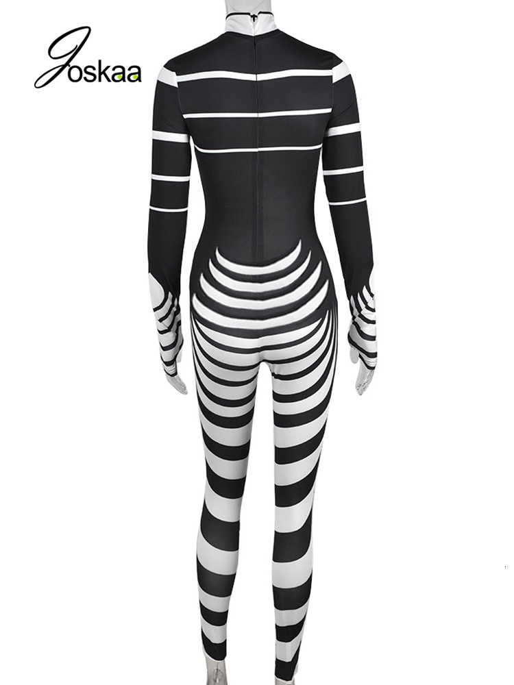 Women's Jumpsuits Rompers Joskaa Black White Stripe Hollow-out Long Sleeve Trend Jumpsuit Women Fashion Fitness Sports Bodycon Romper Sexy Street