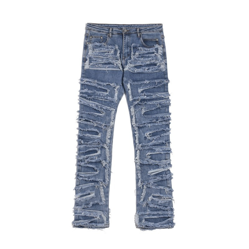 Mens Jeans Iins high street hiphop heavy industry destruction hole patch blue jeans Y2K trendy mens knife cut old trousers 230323
