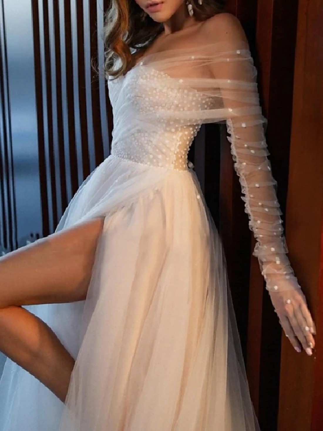 Beach Boho Wedding Dress 2023 Long Sleeve Off Shoulder Tulle Split Front Bridal Gowns Women Summer Robe de Mariage