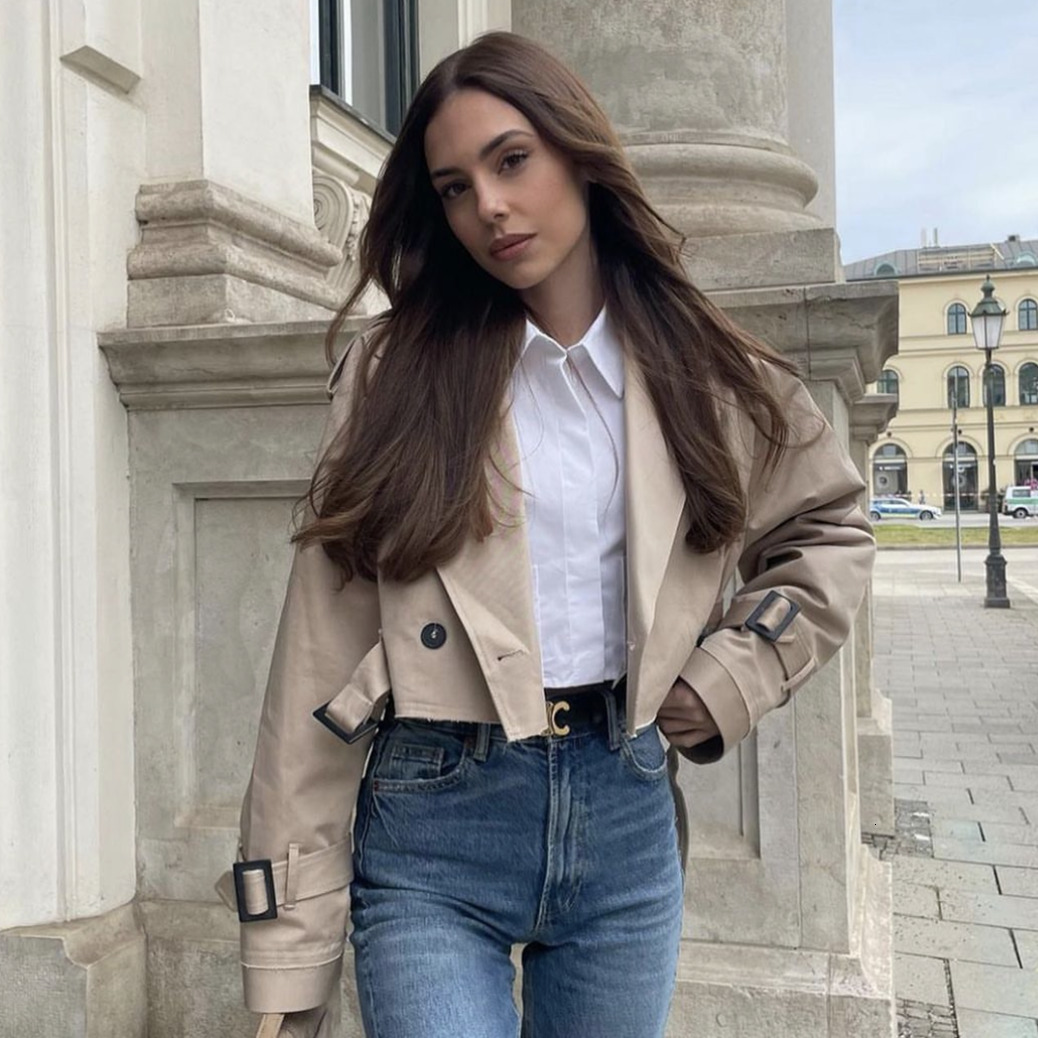 Women's Jackets PTYSIC Women Vintage Oversize Cropped Trench Coat Long Sleeves With Tabs Belt Double Breasted Button Jacket 230323