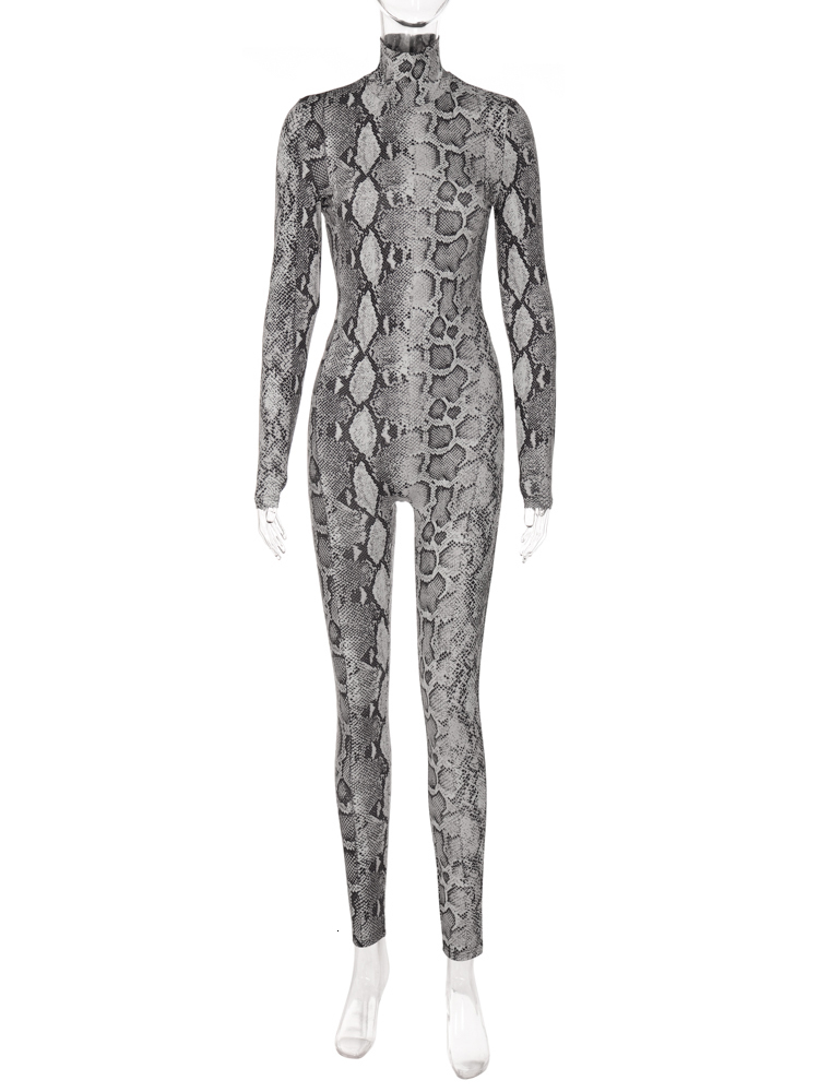 Women's Jumpsuits Rompers Hugcitar Snake Print Turtleneck Long Sleeve Zip Up Sexy Bodycon Jumpsuit Winter Women Streetwear Sport Casual Y2K Rompe