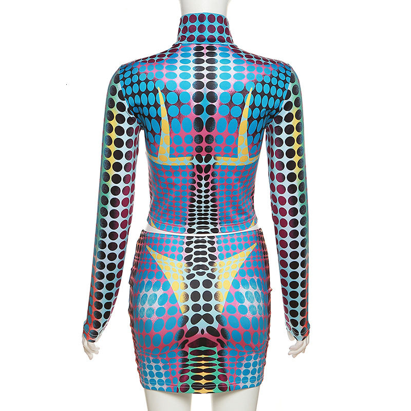 Two Piece Dress 3D Underwear Print Polka Dots Two Piece Set Dress Women Zipper Turtleneck Long Sleeve Crop Top Mini Skirts Spring Suits 230323