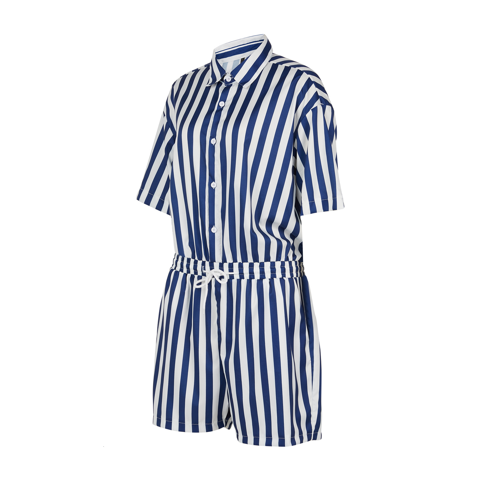 Mens Tracksuits Fashion Men Striped Rompers Short Sleeve Button Shorts Lapel Jumpsuit Drawstring Streetwear Casual Playsuit Hombre 230323