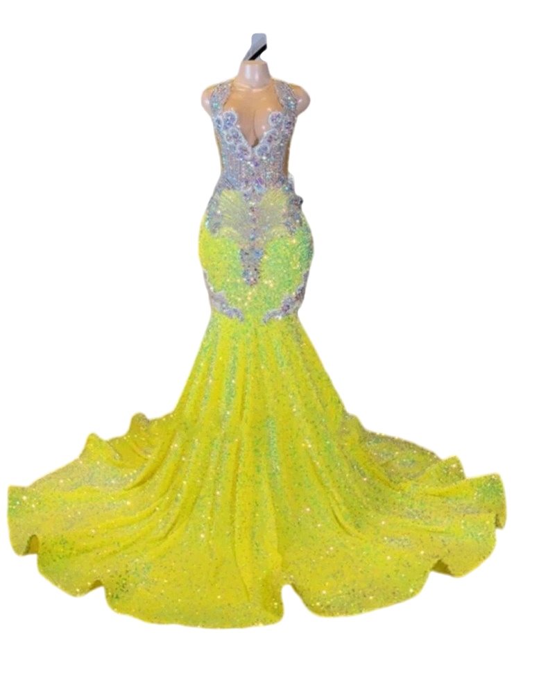 Yellow Sheer O Neck mermaid Evening dresses For Black Girls 2023 Gillter Sequined Crystal prom Gowns vestidos ceremonia