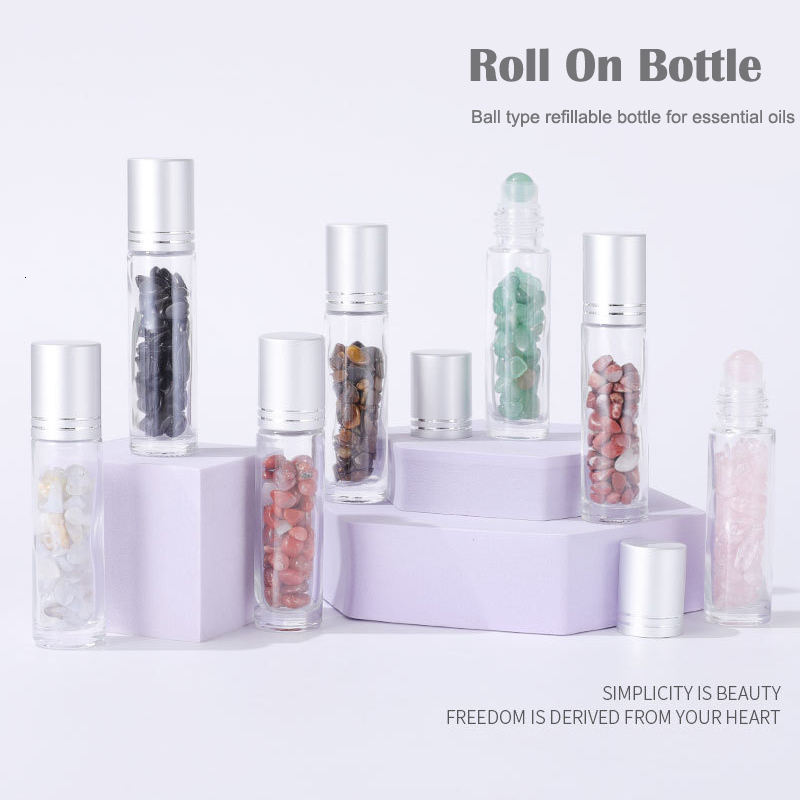 Perfume Bottle 10PCS Glass 10ml Refillable Roll On Bottles for Essential Oil Perfume Bottle Natural Stone Roller Ball Packaging Container Empty 230323