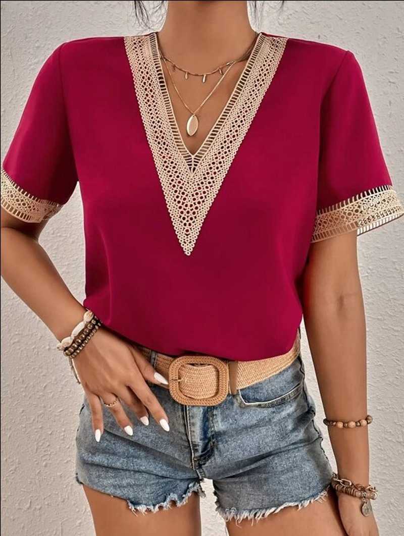 2023 New Women's V-neck Lace Casual Solid Shirt chiffon plus sized Blouse silk womens summer tops blouses