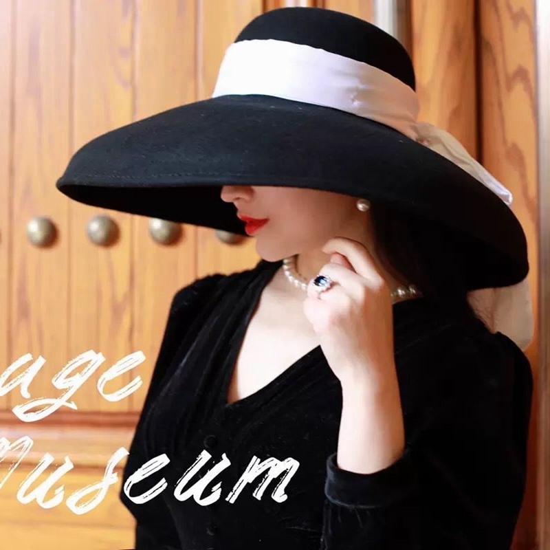 Stingy Brim Hats fashion streetstyle black wide brim wool bucket hat female vintage big hat for women looks like Audrey Hepburn 230323