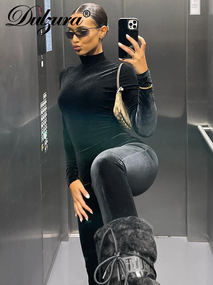 Women's Jumpsuits Rompers Dulzura Autumn Velvet Sexy Y2K Clothes Long Sleeve O-Neck Bodycon Skinny Zipper Jumpsuit Women Sporty Streetwear Romper