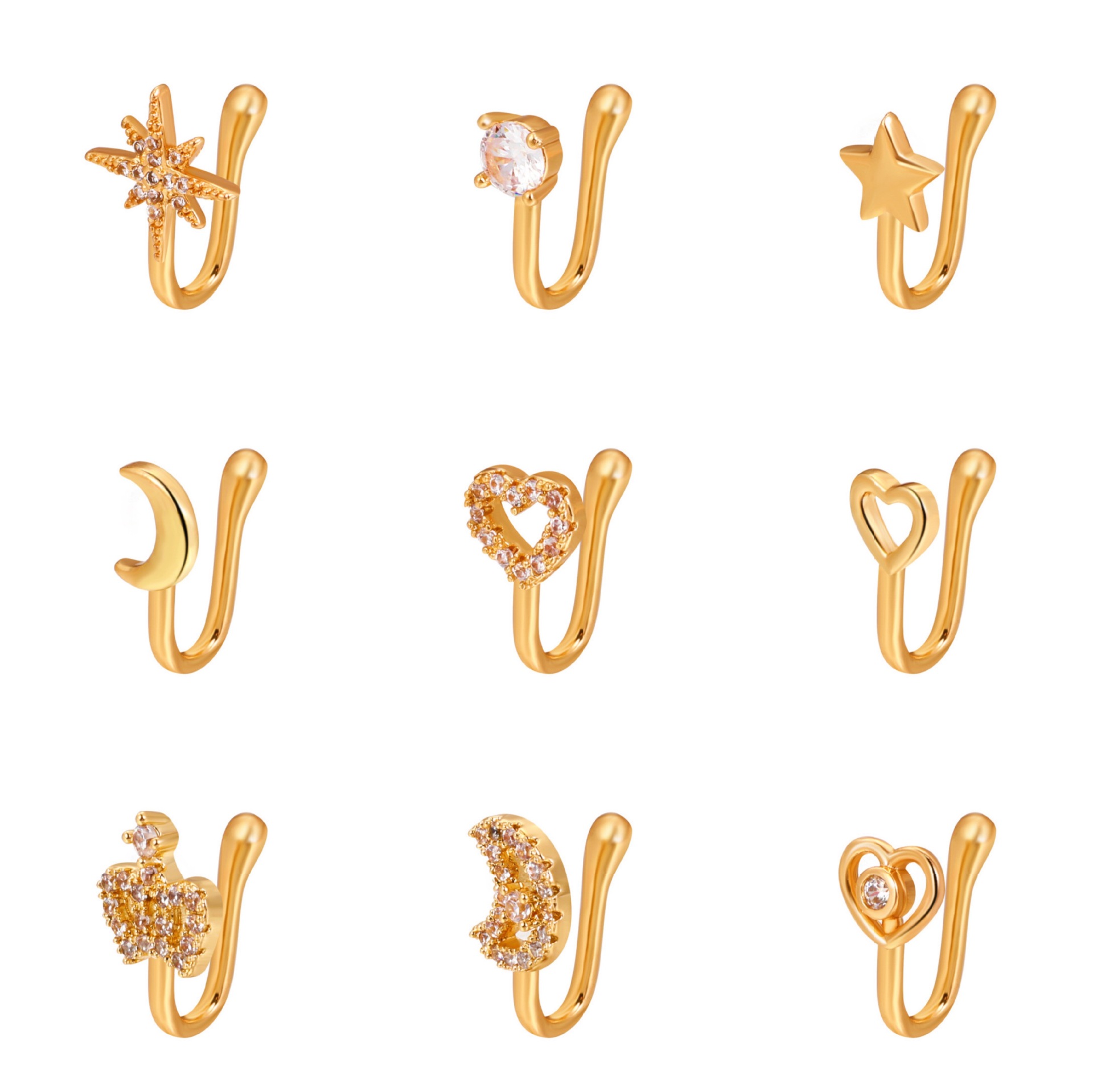 18K Gold Plated Copper Fake Nose Cuff Nose Rings For Women Crystal Non Piercing Gold Plated Clip On Nose Clip Hiphop Faux Body Jewelry Wholesale Price