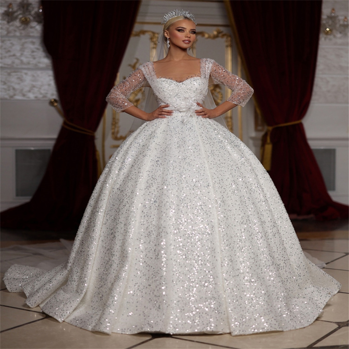 Gorgeous Ball Wedding Dresses Square Long Sleeves Shining Sequins Backless Zipper Court Pleats Custom Made Bridal Gown Plus Size Vestidos De Novia