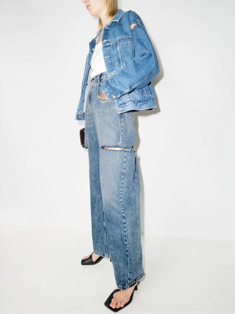 Women's Jean Jeans Pants Spring And Summer Washed Blue Ripped Wide Leg High Waist Hollow Female Casual