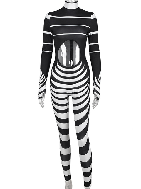 Women's Jumpsuits Rompers Joskaa Black White Stripe Hollow-out Long Sleeve Trend Jumpsuit Women Fashion Fitness Sports Bodycon Romper Sexy Street