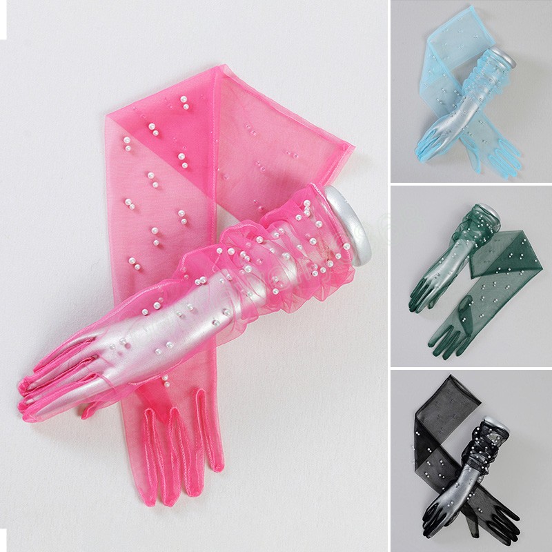 Long Lace Pearl Chiffon Gloves Tulle Summer Mesh Anti-uv Party Wedding Full Finger Marriage Bride Women Vintage Party Gloves