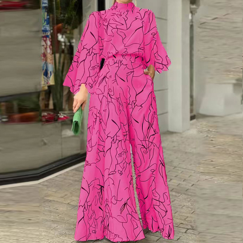 Women's Jumpsuits Rompers Autumn Winter Abstract Print Romper Elegant Women High Street Loose Jumpsuit Ladies Fashion Pocket Wide-Leg Pants Plays