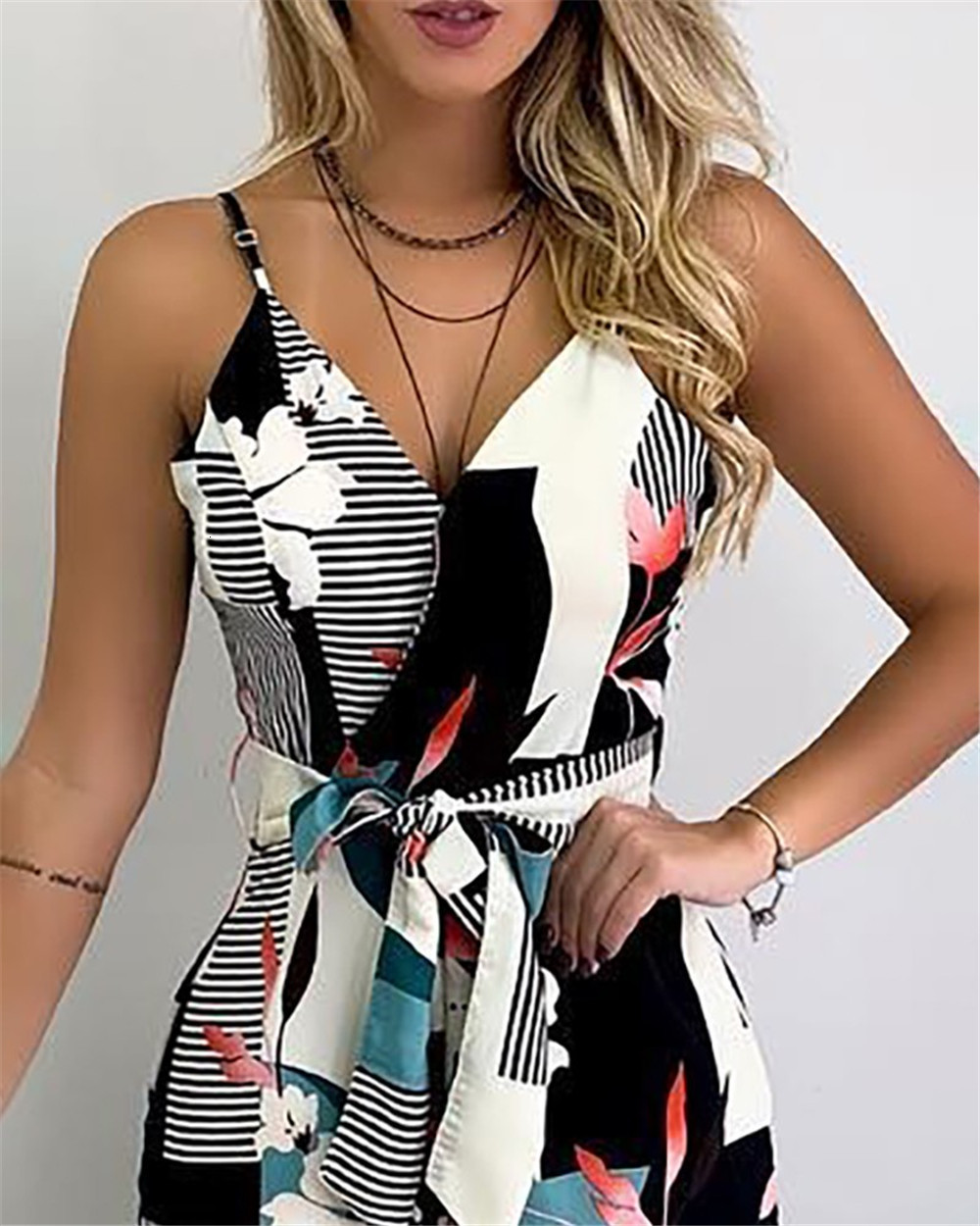 Women's Jumpsuits Rompers Women Wide Leg Long Pants Jumpsuit Floral Printed Sling V-Neck Low Chest Loose Romper Long Jumpsuit Back Zipper Up Summ
