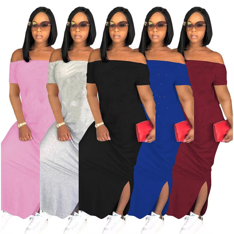 2023 NEW Designer Maxi Dresses Plus size 3XL Summer Women Slash Neck Dress Ladies Short Sleeve Bodycon Dress Sexy Holidays Beach Wear Bulk Wholesale C