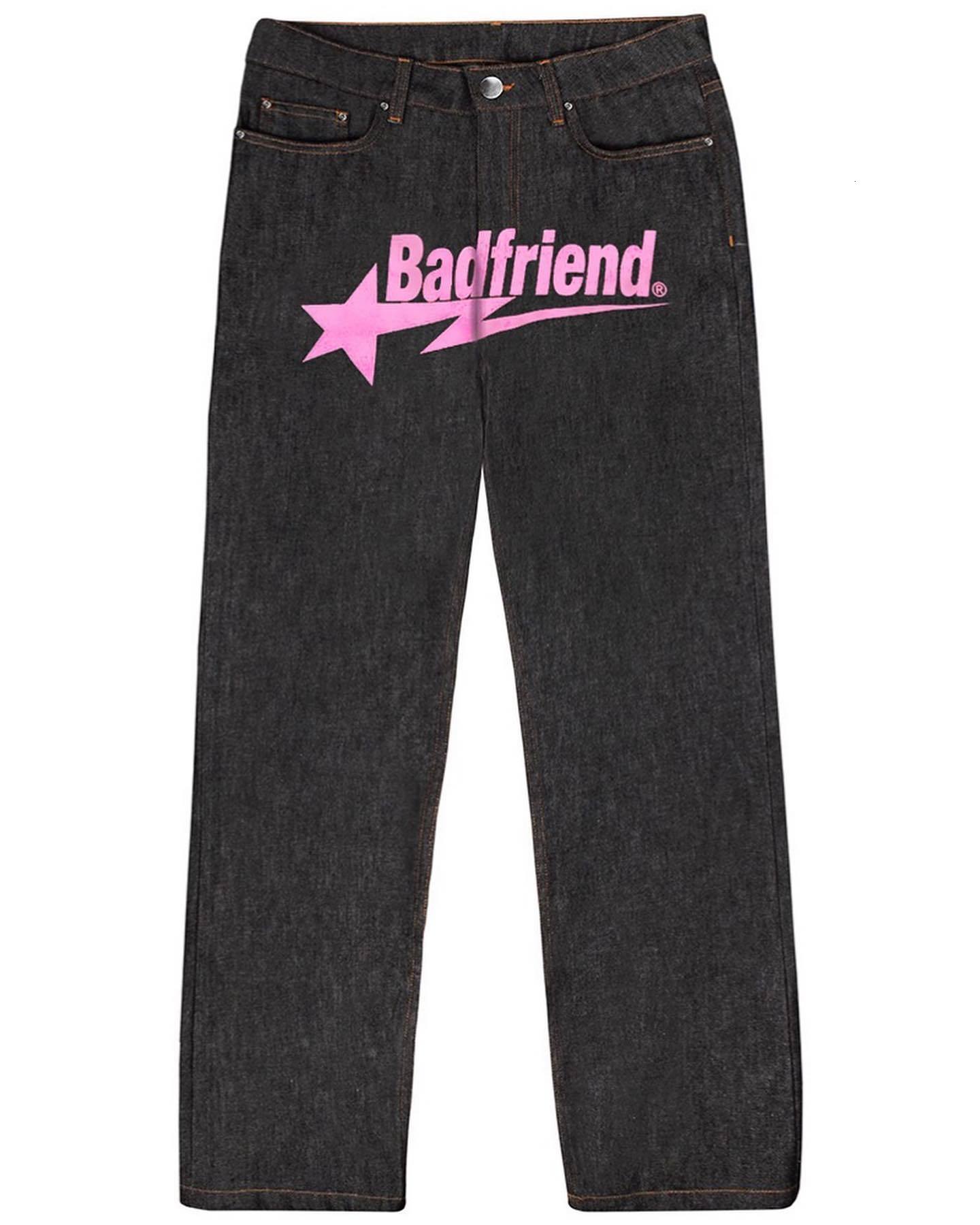 Mens Jeans Y2k Hip Hop Badfriend Letter Printing Baggy Pants Harajuku Fashion Punk Rock Wide Foot Trousers Streetwear 230322ve3q
