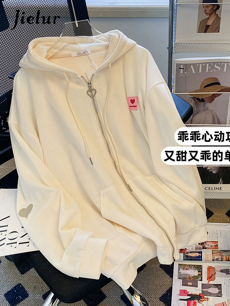Womens Hoodies Sweatshirts Jielur Embroidered Hooded Korean Sweatshirt Cardigan Autumn Thin Coat Female Zipper Apricot Streetwear MXL 230323